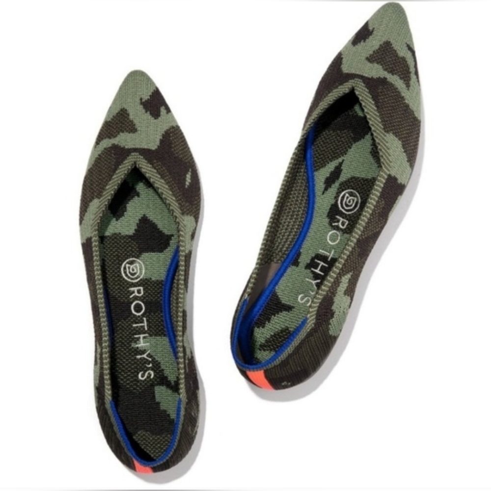 Rothy's Camouflage Knit Pointed Flats with Blue Trim